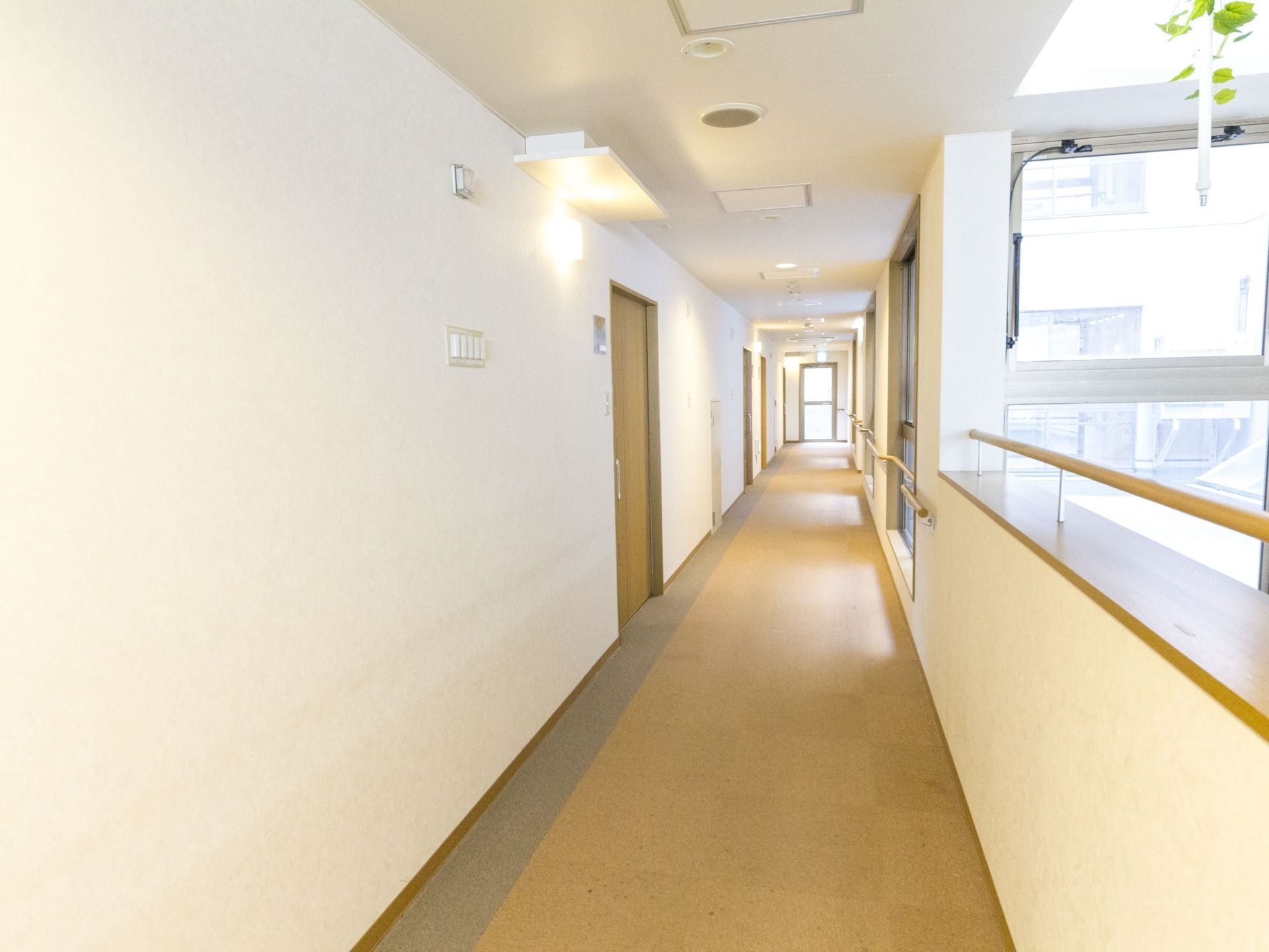 突き当りに窓のある通路である。窓から明るい光が入っている。扉が設置されていて、その横には照明が取り付けられている。
