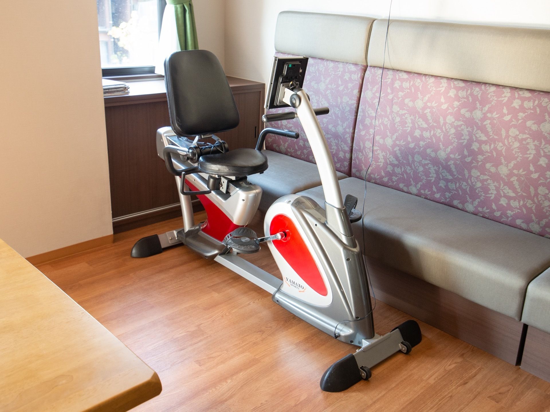 壁際に横に長いソファがあり、その前に機能訓練用のマシンが一台置かれている。腰を掛けてペダルを漕ぐタイプである。