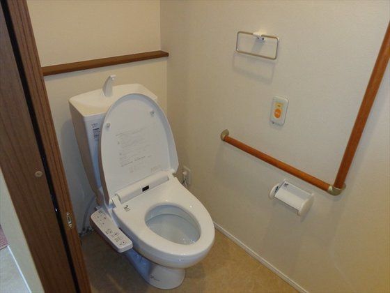 手洗い付きの白い便器の蓋が開いている。壁にタオル掛けとナースコール、手すりとペーパーホルダーが設置されている。