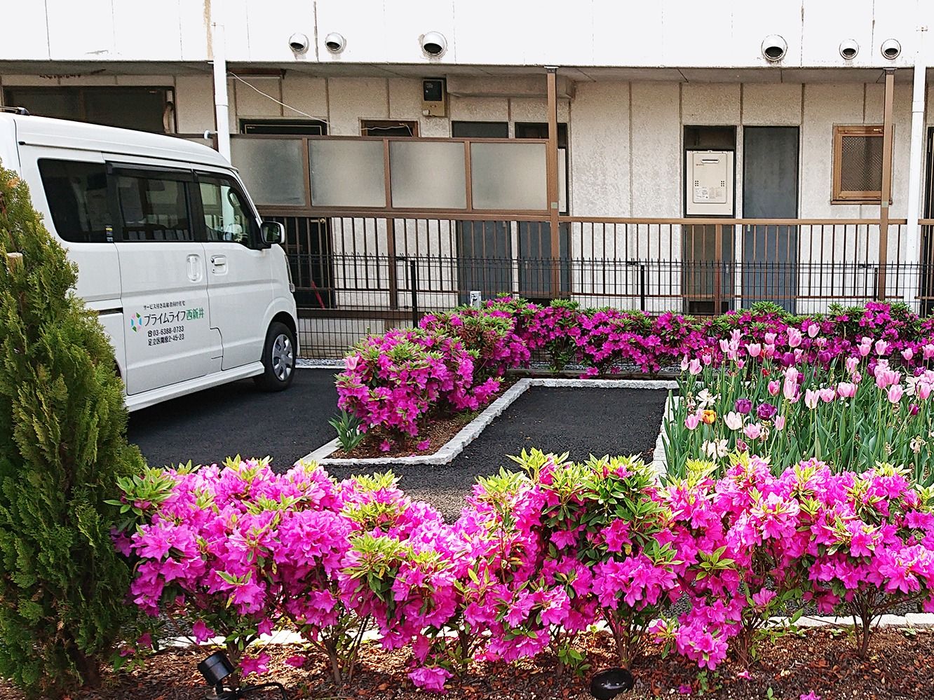 ３階建ての建物はブラウン系のどっしりとした外観。建物周辺には木が植えられている。