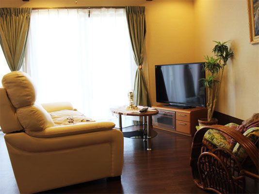 テレビの前にソファが並べられ、観葉植物が飾られたフローリングの部屋