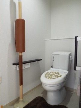 清潔感のある内装でまとめられた落ち着いた雰囲気のトイレ。安全に使用できるように手すりが取り付けられている。
