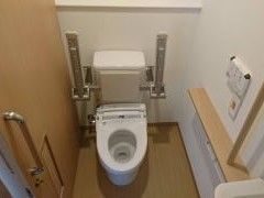 便座付き便器には肘掛けが備え付けられている。アームレスト付き椅子のようにトイレを使用できるため、立ち居が行いやすい。