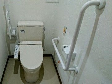 右手に3段階の高さの手すり、左手にはL字の手すりがついているトイレ