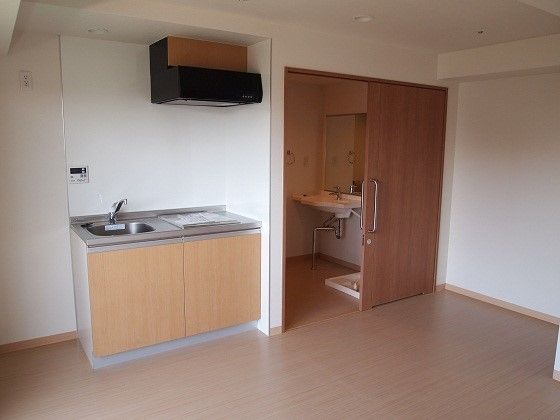 IH調理器の上部にレンジフードが設置されている、居室のキッチン