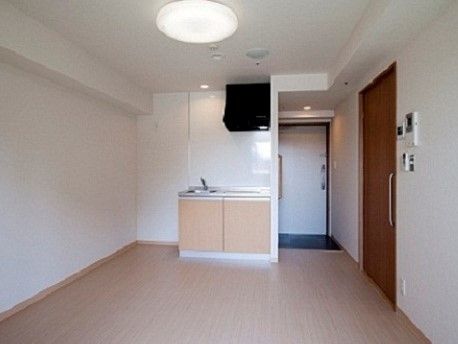 天井に丸い照明が取り付けられたフローリングの居室である。電磁調理器、電気給湯器を備えたキッチンが設置されている。