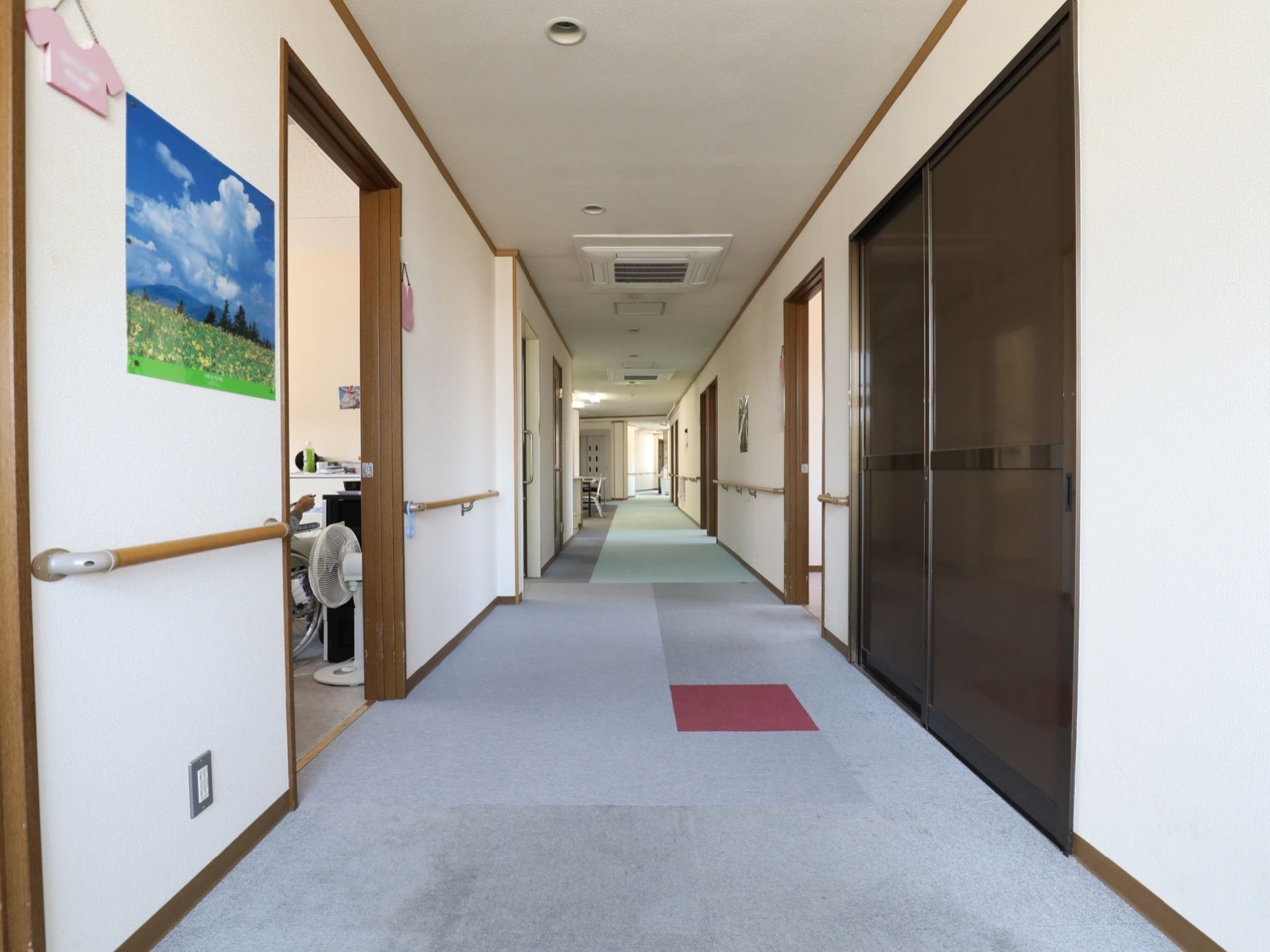 通路はゆったり広々していて、壁には手すりが取り付けられている。床はバリアフリーでカーペットが敷かれている。