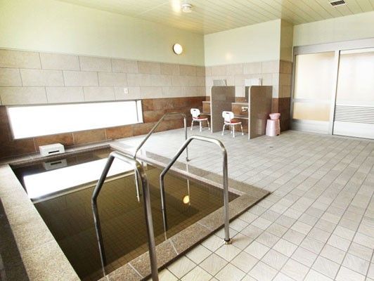 落ち着いた色調の浴室である。洗い場には背もたれ付きの椅子があるので安心して座れ、浴槽への入浴は手すりつきの階段を利用できる。