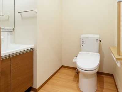 掃除が行き届き清潔なトイレには、立ち座り時につかまれる手すりも設置されている。洗面もあり清潔に利用できる。