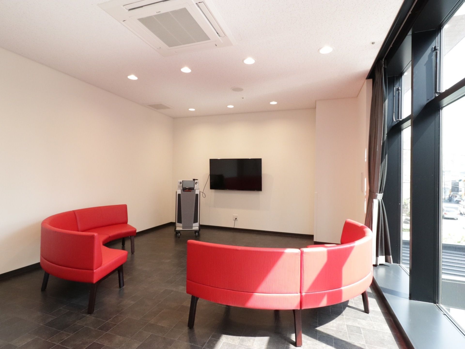 弧を描くようにソファーが置かれた部屋には、壁掛けのテレビとカラオケ機器が置かれている。窓が大きくとられ、外の光が良く入る。