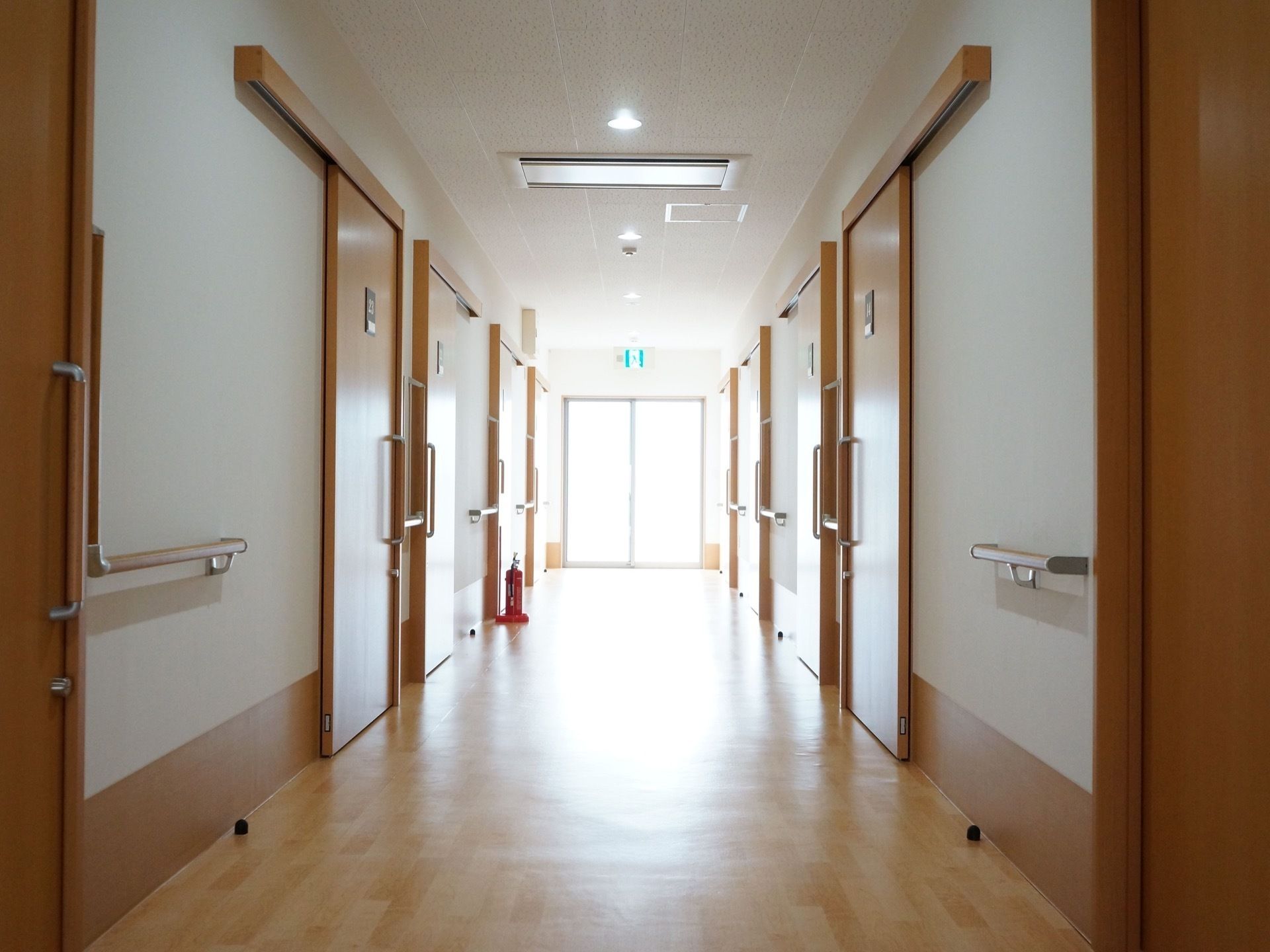 つきあたりにある掃き出し窓からの採光でとても明るい廊下