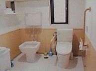 広さを備えたトイレでは、入居者様と介護者が一緒に入っても、円滑に移動できるよう配慮されている。汚物流し用の便器も設置されている。