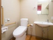 トイレの便座周辺には手すりが取り付けられており、立ち座り時の足腰の負担が軽減される。手洗い場が隣接している。