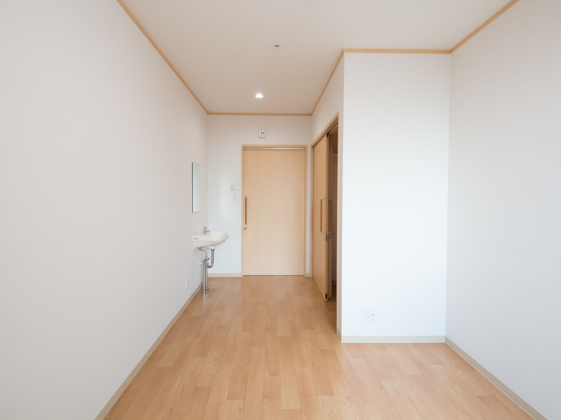 木目調のフローリングが採用されている居室は、壁も白く明るい空間である。入口付近に、鏡、手洗い器、トイレが設置されている。