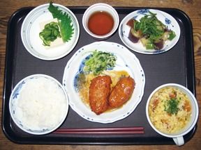 大葉やネギなどの薬味を使い、彩りよく盛りつけられた食事。主食のごはんと、一汁二菜で栄養のバランスも考えられている。