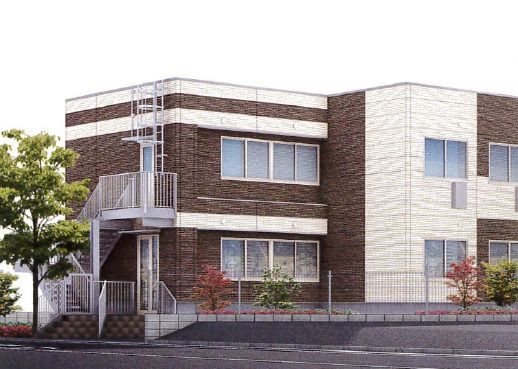 ツートンカラーのデザインの建物。鉄骨造の建物パースの