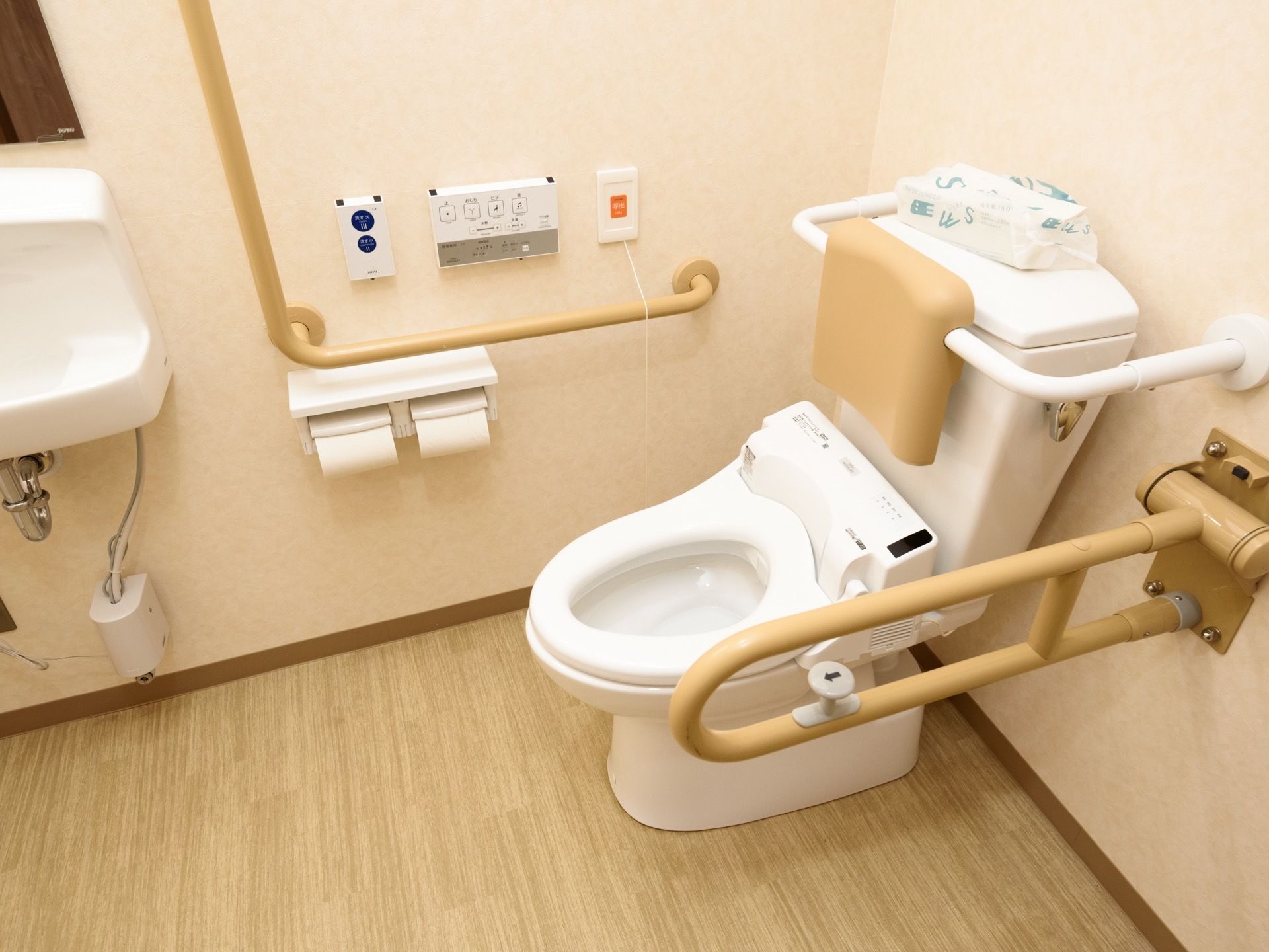 背当てや可動式の手すりのほか、壁側にもL字型の手すりが設置されている。洗面台やナースコールが備わっている。