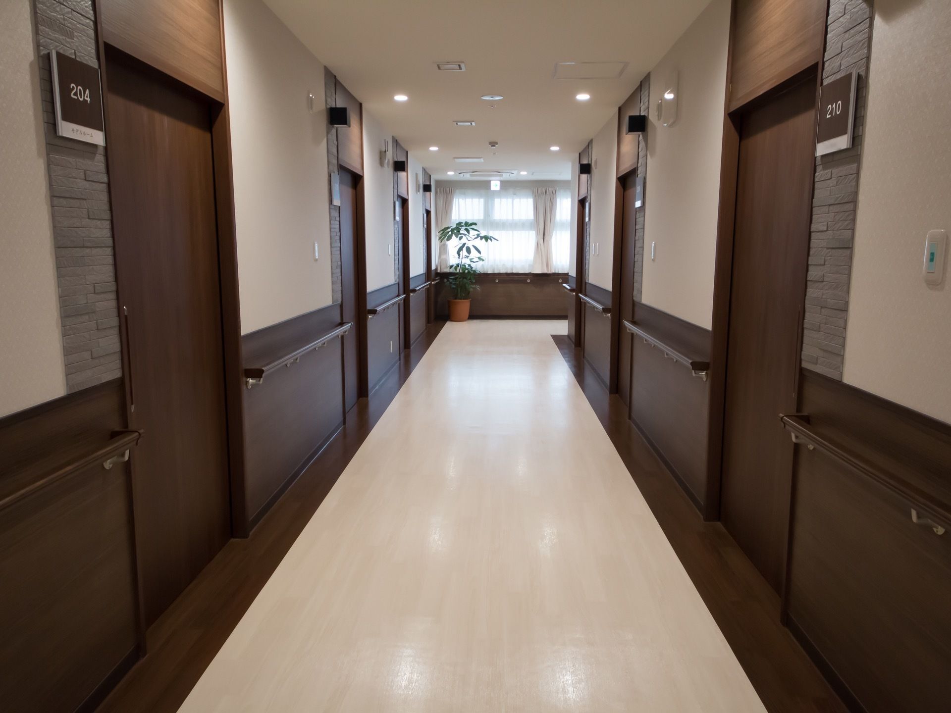 木目調を採用した内装である。居室のドアが並んでいる。壁には手すりが取り付けられている。観葉植物の鉢がある。