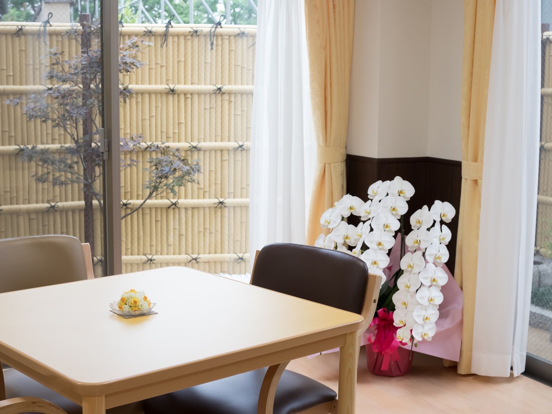 テーブルの上に花の飾りが置かれている。部屋の角に蘭の花の鉢植えが置かれ、窓の外には植栽が見えている。