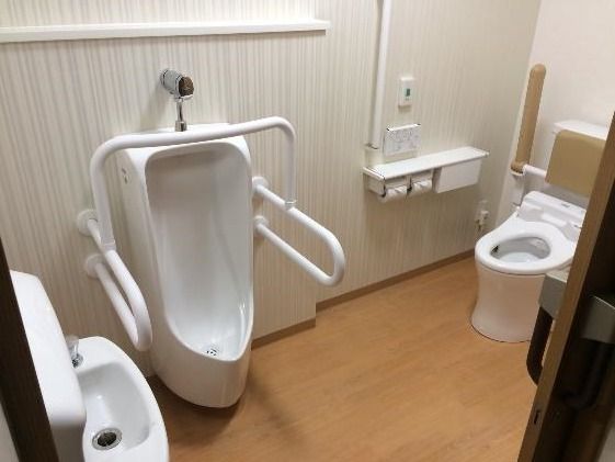 トイレの扉は引き戸になっており、床は木目調である。入って正面に男性用、右手奥に一般の便器があり、左手に洗面台が設置されている。