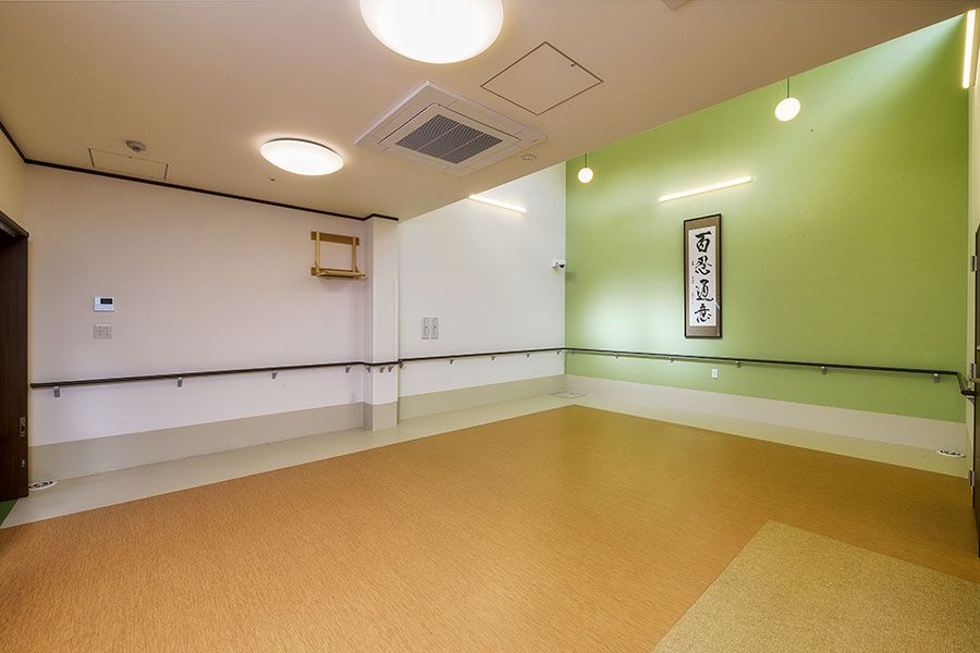 屋根が付いた玄関には手すりやスロープが付き、黒いスライド式のドアが設置されている。