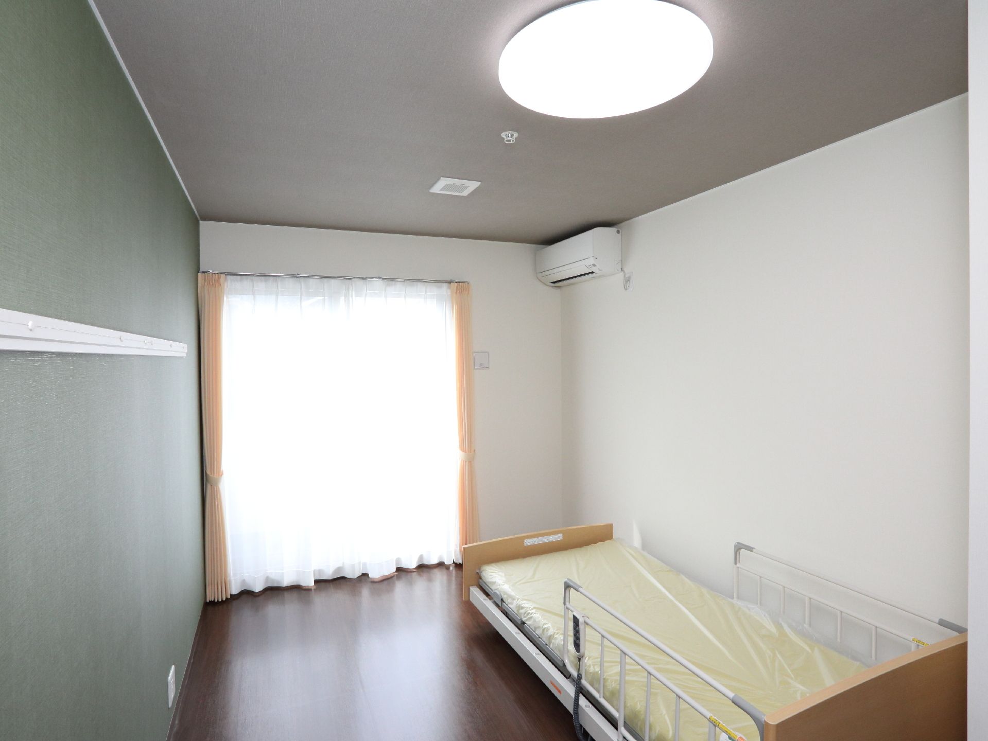 室内の壁の一部をグリーンに変え、ピクチャーレールが取り付けられている明るい居室