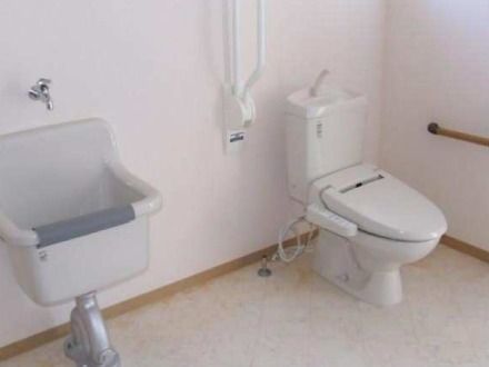 トイレの壁には、手すりがある。便座の横には、開閉式のバーが設置されている。汚れ物などを洗う場所が用意してある。