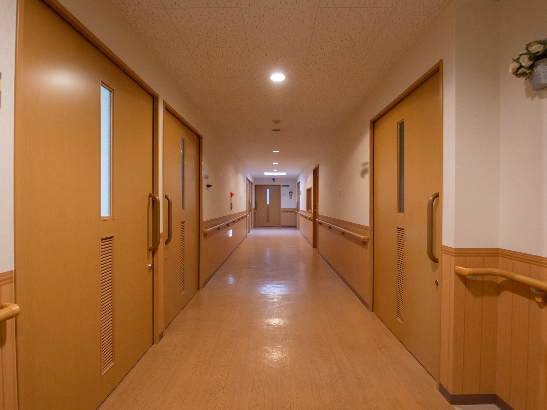 ベージュと白を基調とした内装の廊下が伸びている。左右の壁と突き当たりには、居室の扉が並ぶ。扉は引き戸になっている。