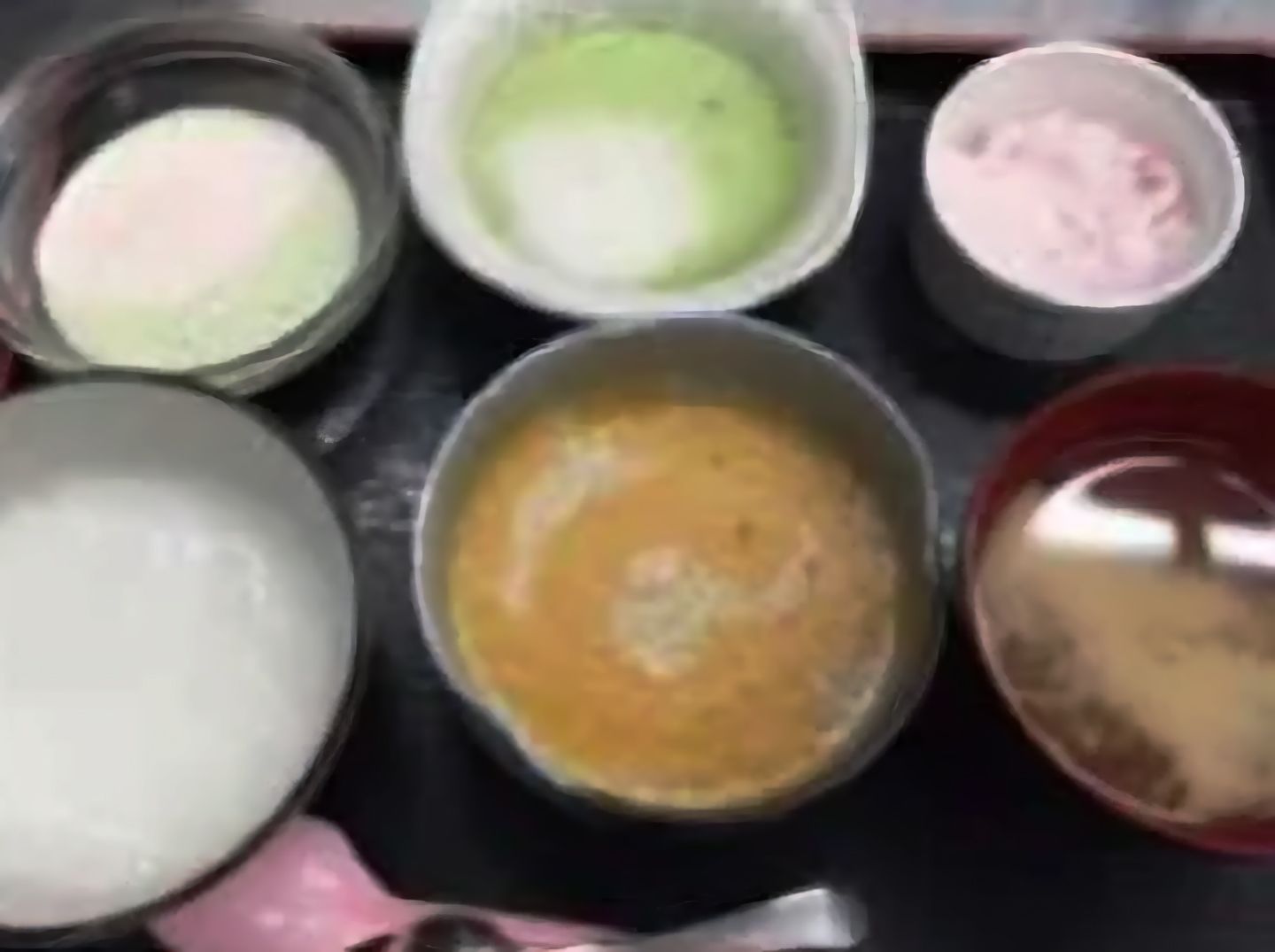 ペースト食。オレンジや緑のおかずのペースト食に、白ご飯やみそ汁もミキサーにかけられている。