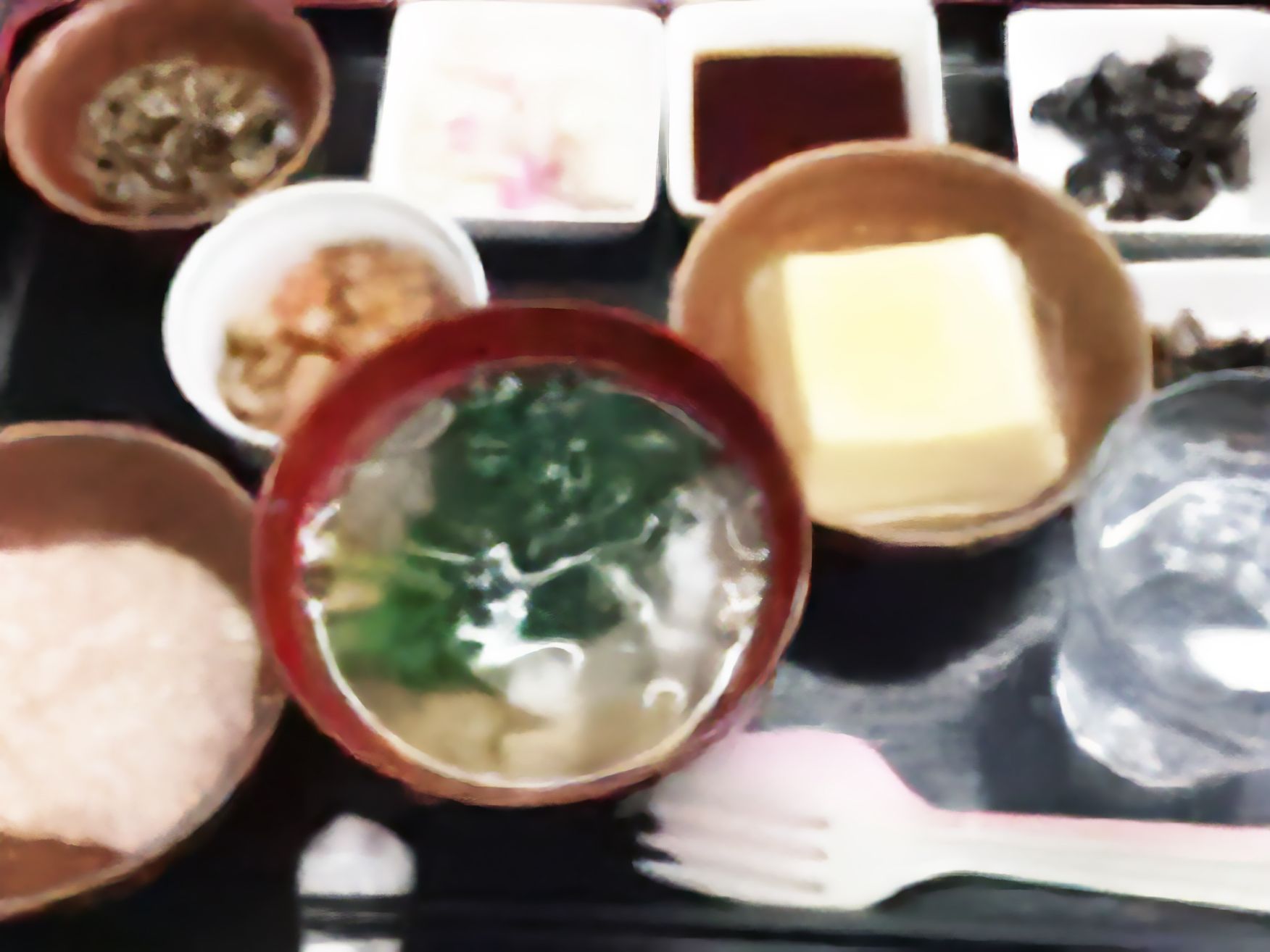 おかゆや卵豆腐など柔らかめのおかずをメインとした献立。フォークとスプーンが添えられている。