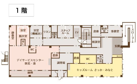 サービス付き高齢者向け住宅 咲花 港の1階のフロアマップ