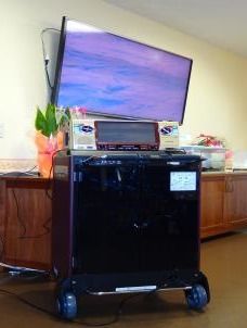 コンパクトなカラオケ機器。奥には壁掛けの大きなテレビとその下に茶色の収納家具がある。