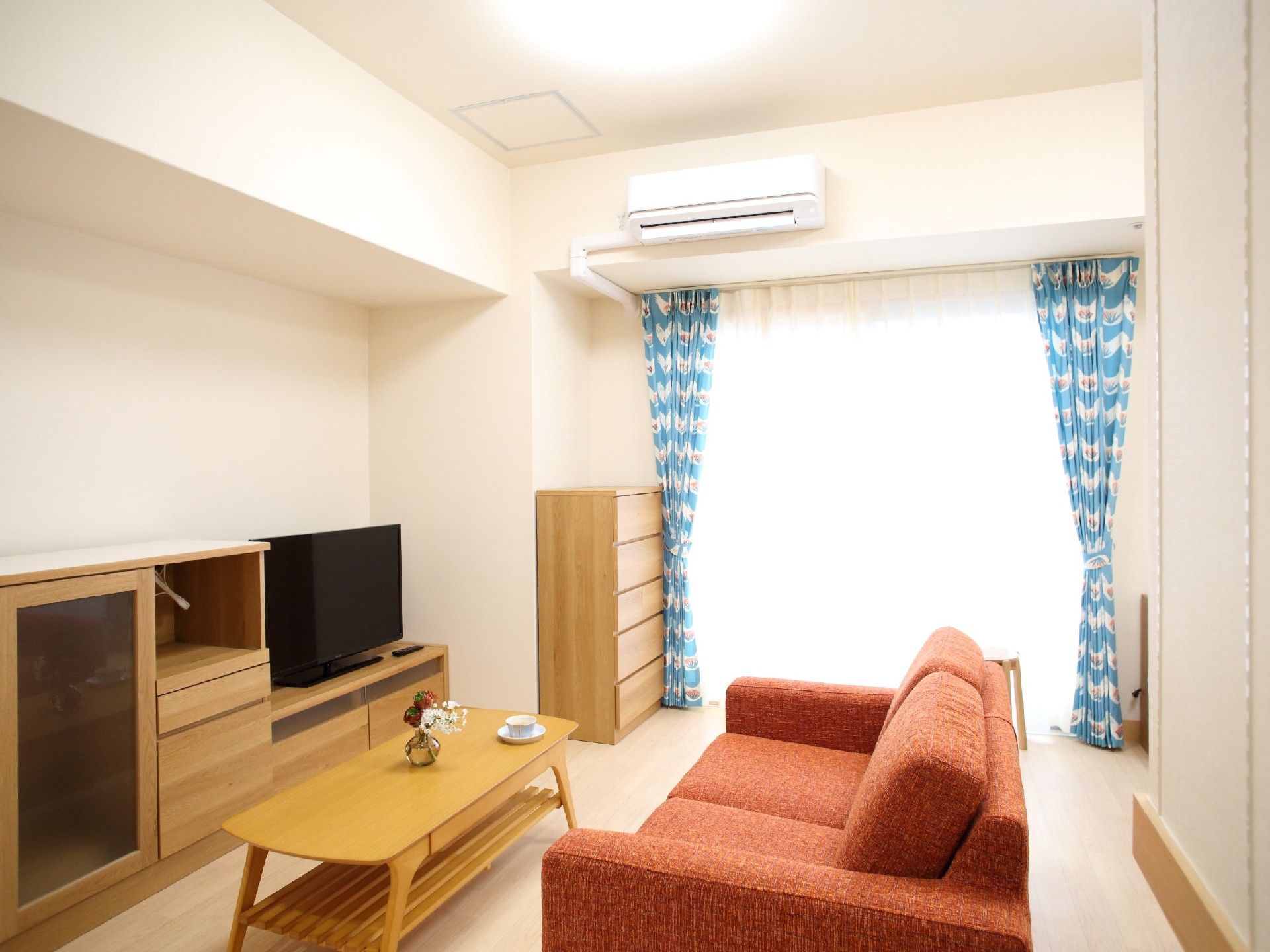 エアコン、テレビ、ソファがある部屋。外につながる窓が写っているのが分かる