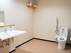 広いトイレには洗面所が付き、介助をする人や車いすの人のためのスペースも十分ある。