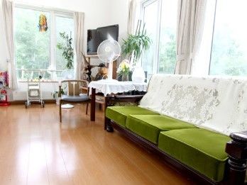 きれいなレースのカバーがかかった大きなグリーンのソファ。千歩沖や観葉植物が涼しげな雰囲気。