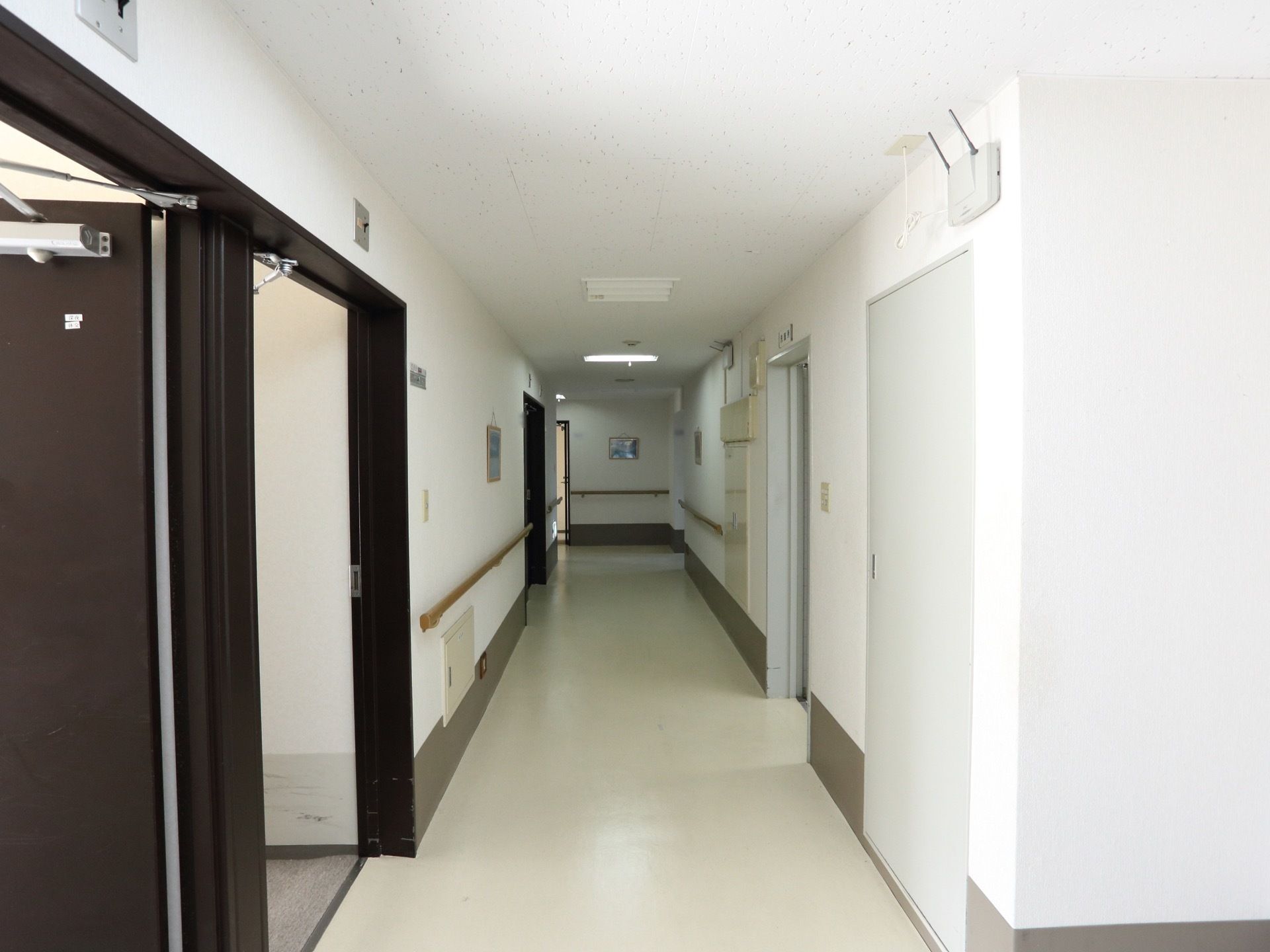 壁の白と黒いドアのコントラストが印象的な廊下は明るく清潔感がある。道幅が広いので車椅子をご利用の方同士のすれ違いも簡単に行うことができる。