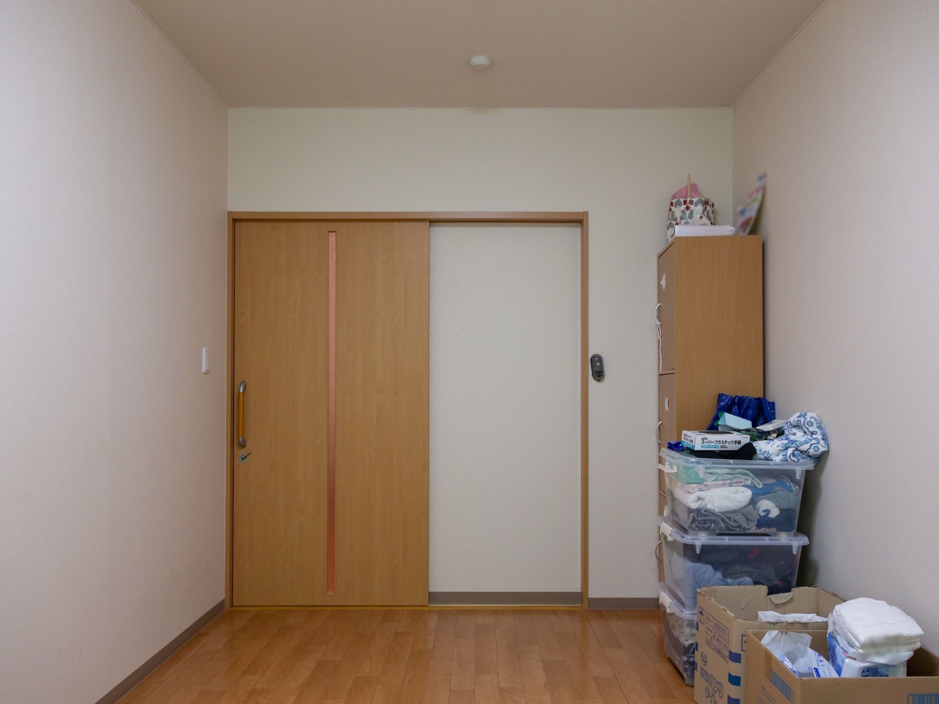 居室のドアはスライド式の引き戸になっており、ドアノブは縦型の手すりとなっている。室内は洋風でフローリングである。