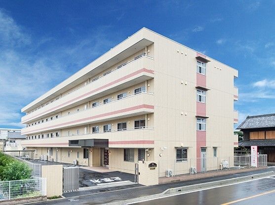 広い駐車場が付いた白を基調とした4階建ての建物にはピンクのラインが入っている。玄関には屋根が付いている。
