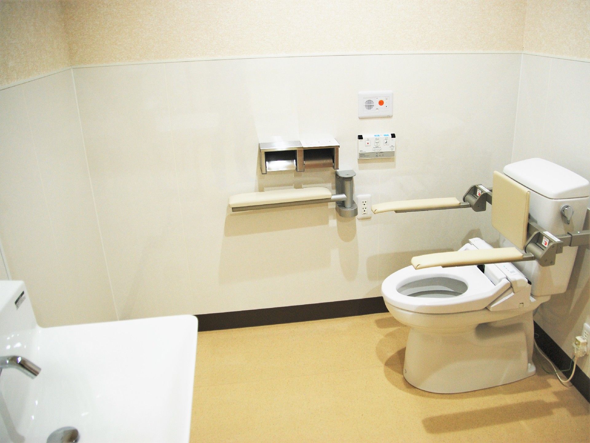両側に手すりが付いた便器があるトイレ。車いすのまま入れる広さのトイレの様子