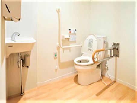 両側に丈夫な手すりが付いているトイレの様子。高齢者用の設備の写真