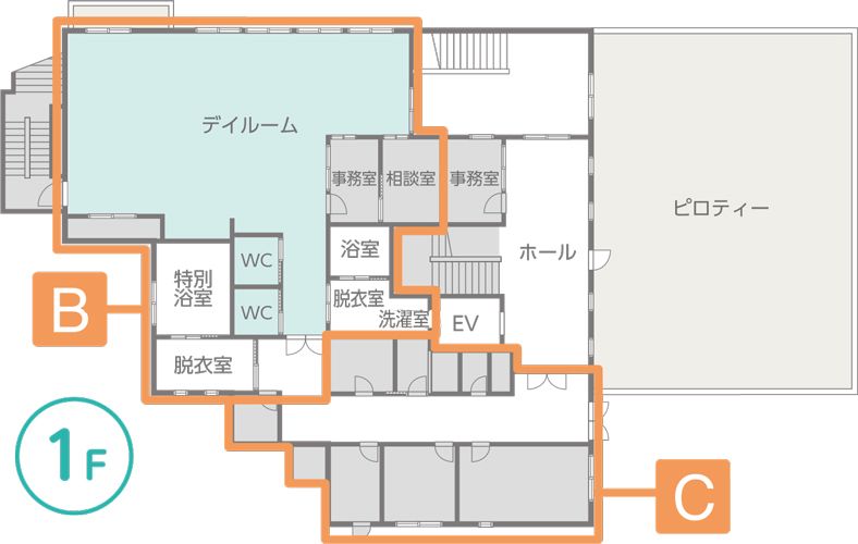 ポジティブリーケア枚方公園の1Ｆのフロアマップ