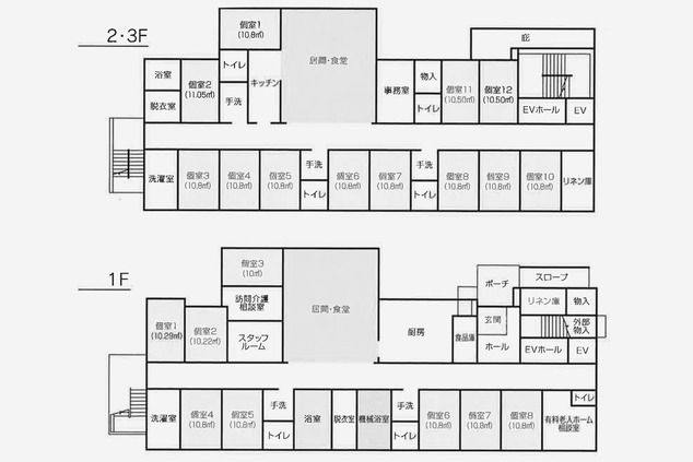 白寿の里御経塚の1～3Ｆのフロアマップ