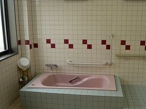 施設内にある小さな浴槽の写真。高齢者用の手すりが取り付けてある設備