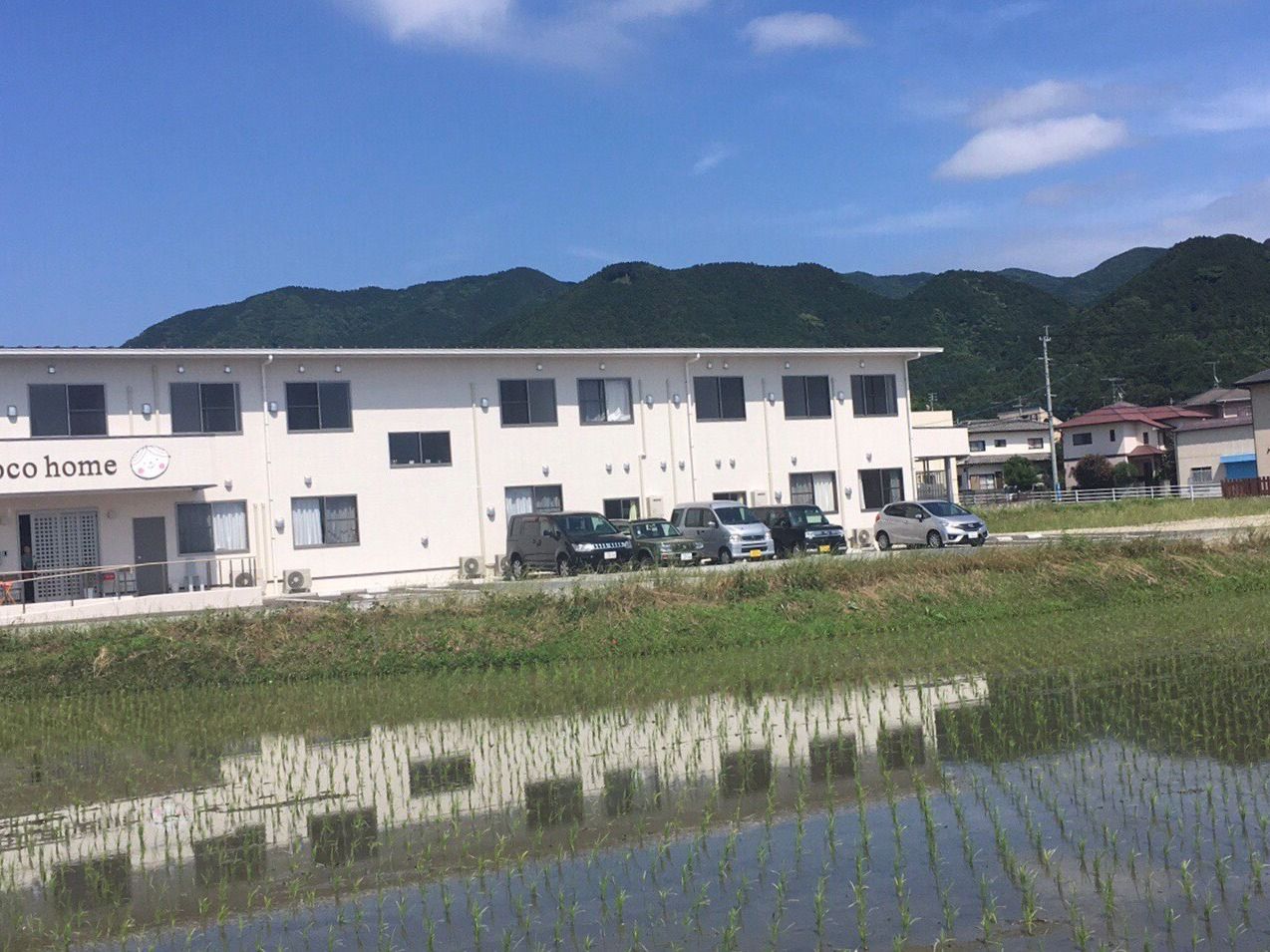 緑豊かな場所に建っている建物の様子。手前に田んぼが広がっている