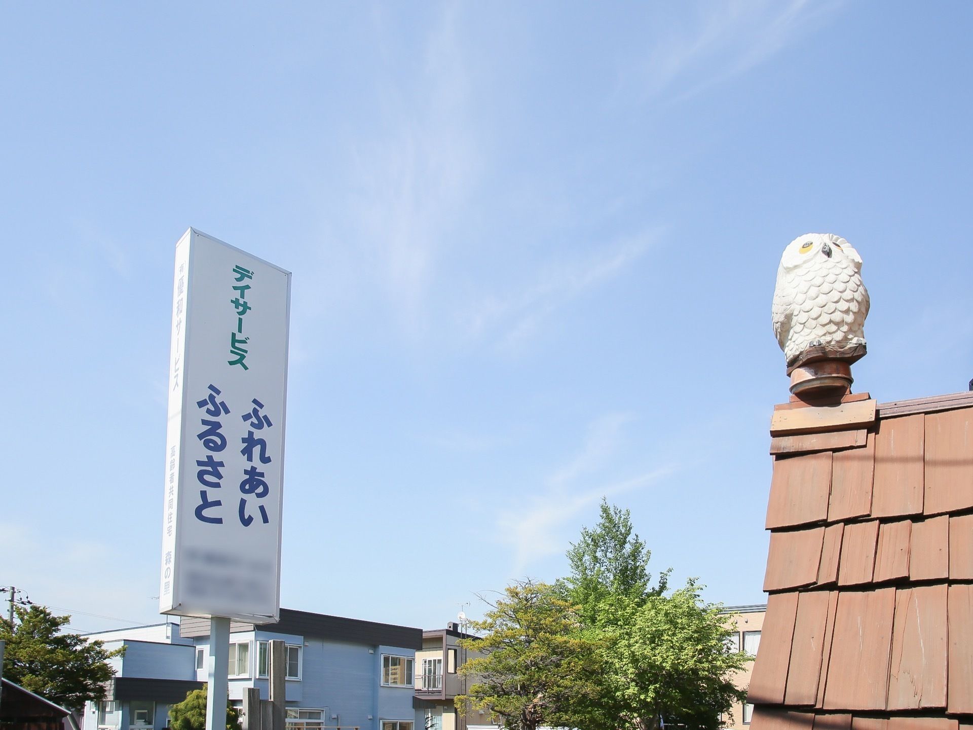 屋根の端にある白いフクロウの飾りと、施設の白い看板