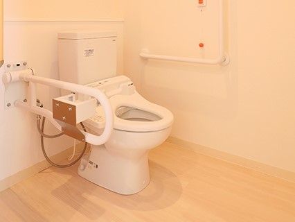 トイレの壁にはエル字型の手すり、右側には可動式の手すりが付き、スペースにもゆとりがある。