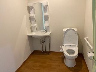 トイレは広く、壁には手すりが付いている。鏡や収納付きの洗面所は車いす対応の造りで、スペースも広い。