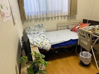観葉植物がテレビのそばに飾られ、窓際には寝具付きのベッドやテーブルなどが置かれている。