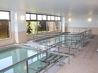 プールのような大きさの大浴場。手すりが取り付けてある大きめ浴槽