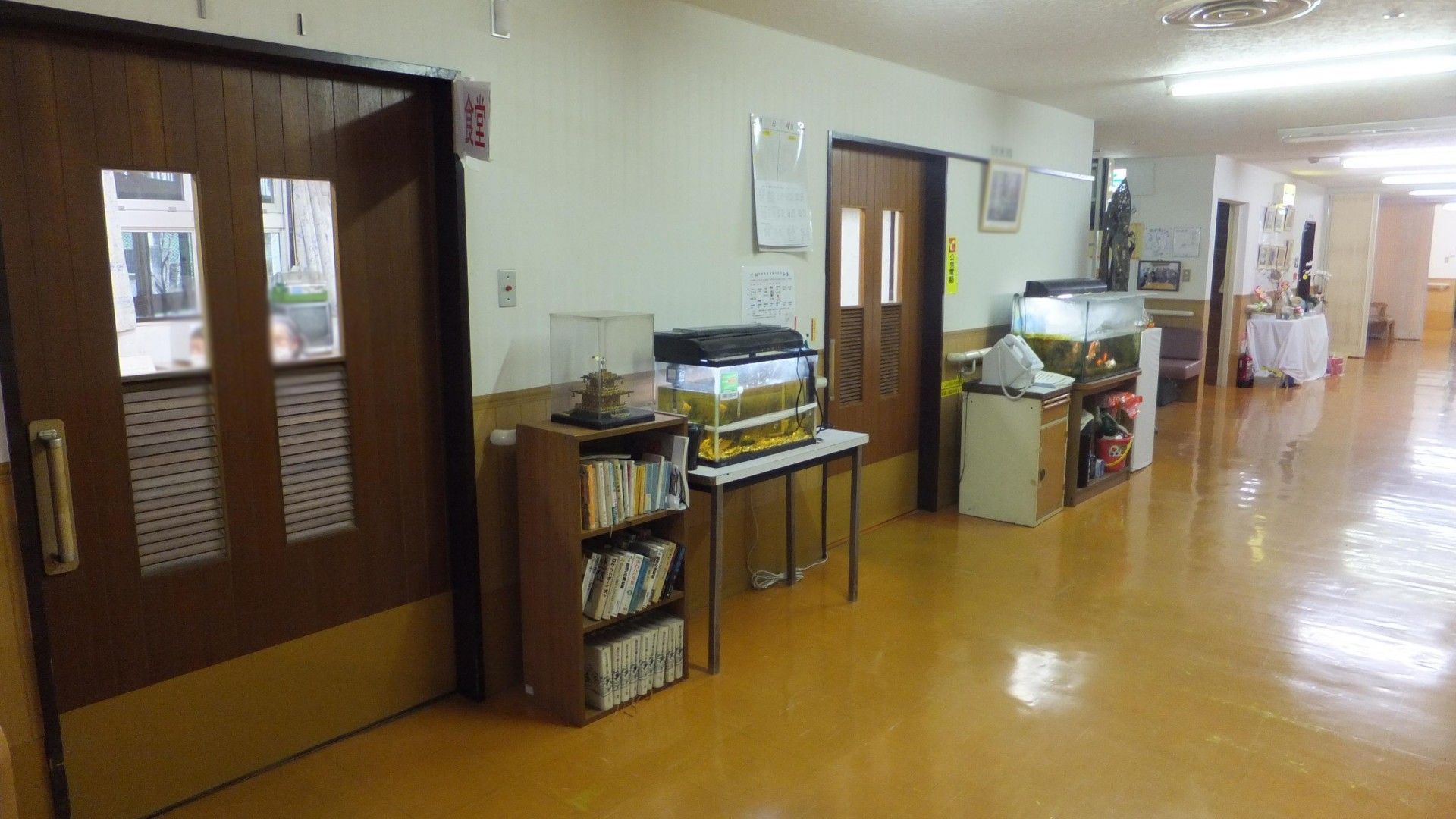 廊下の水槽と本棚
